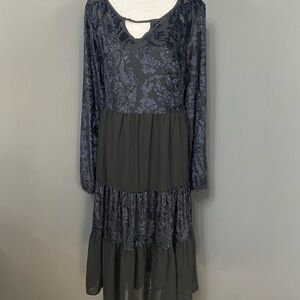 Velvet Burn Out Black/Blue Chiffon Tiered Midi Dress W/Slip Sheer Oversized L